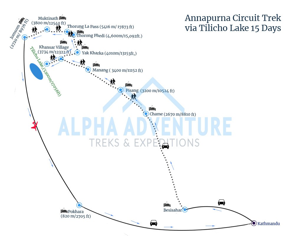 Route map of Annapurna Circuit Trek via Tilicho Lake 15 Days