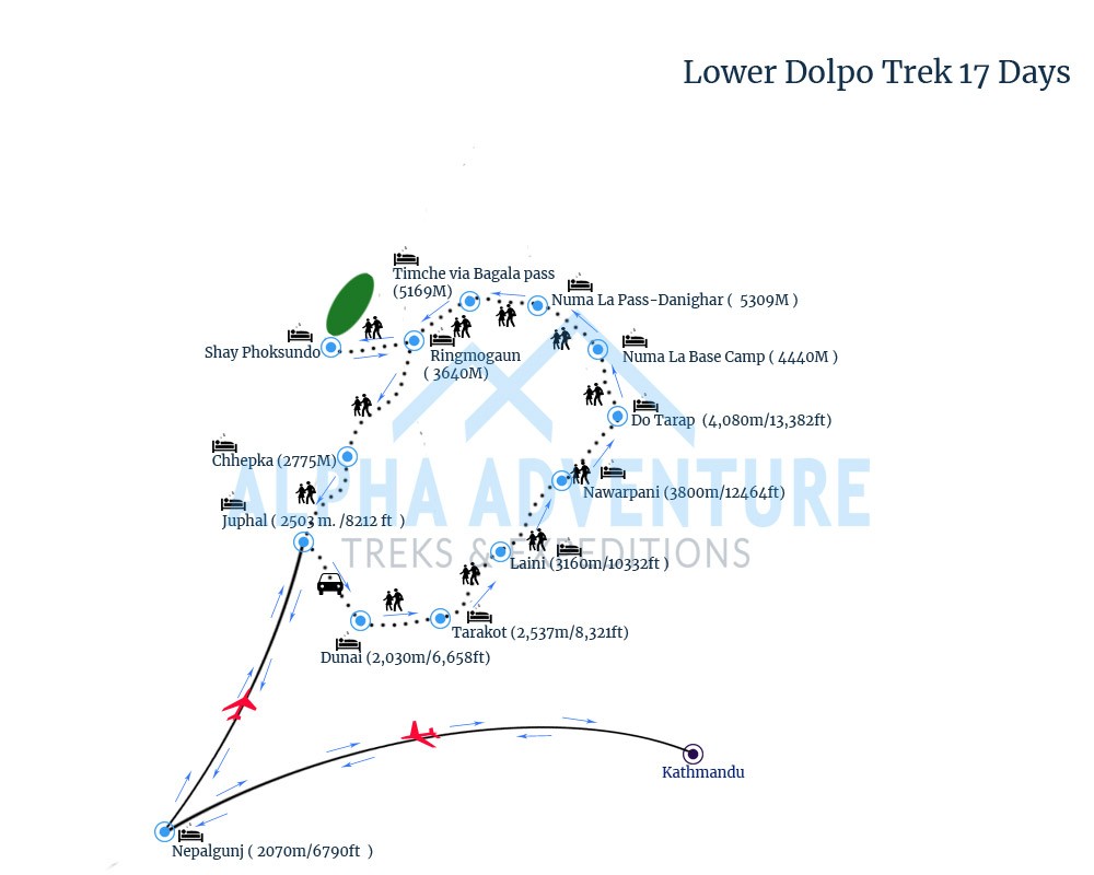 Route map of Lower Dolpo Trek 17 Days