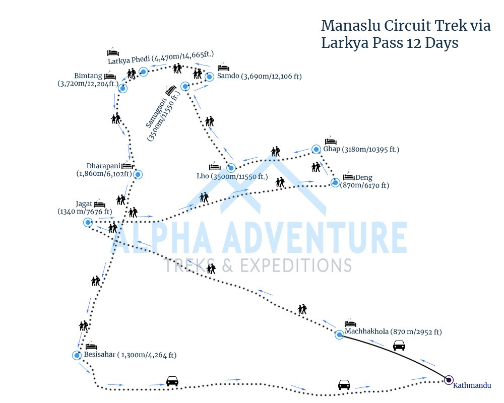 Route map of Manaslu Circuit Trek via Larkya Pass 12 Days