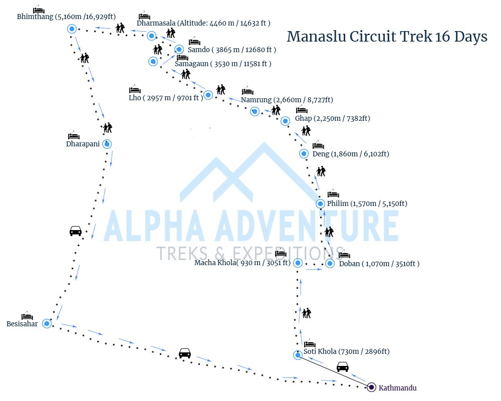 Route map of Manaslu Circuit Trek 
