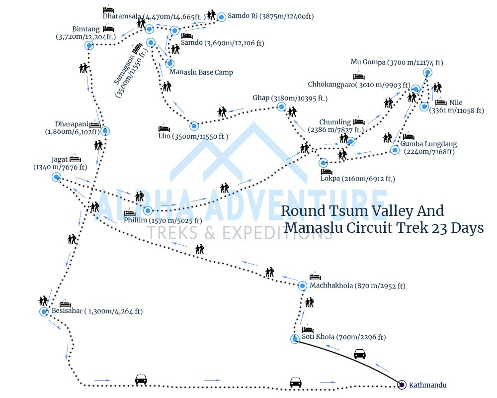 Route map of Round Tsum Valley And Manaslu Circuit Trek 23 Days