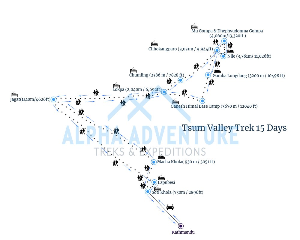 Route map of Tsum Valley Trek