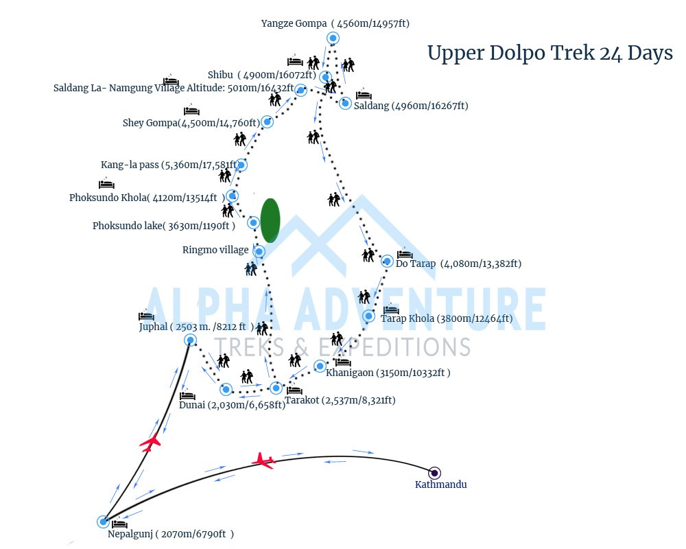 Route map of Upper Dolpo Trek 24 Days