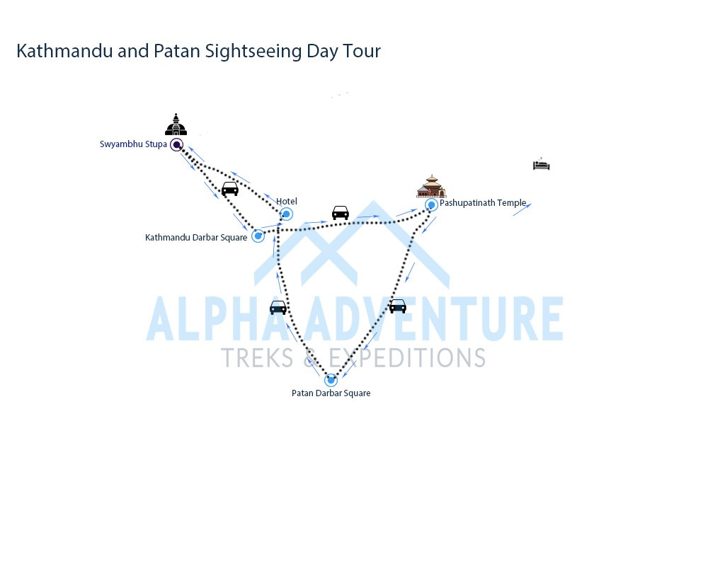 Route map of Best of kathmandu and Patan  Day Tour