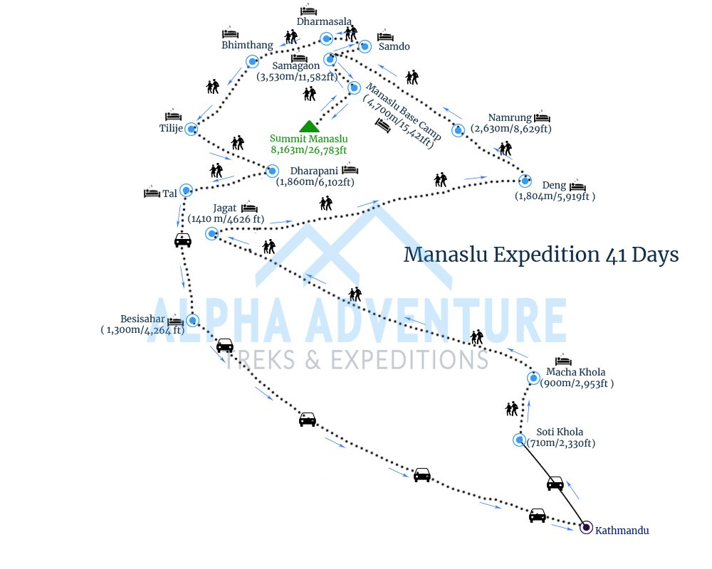 Route map of Mount Manaslu Expedition 