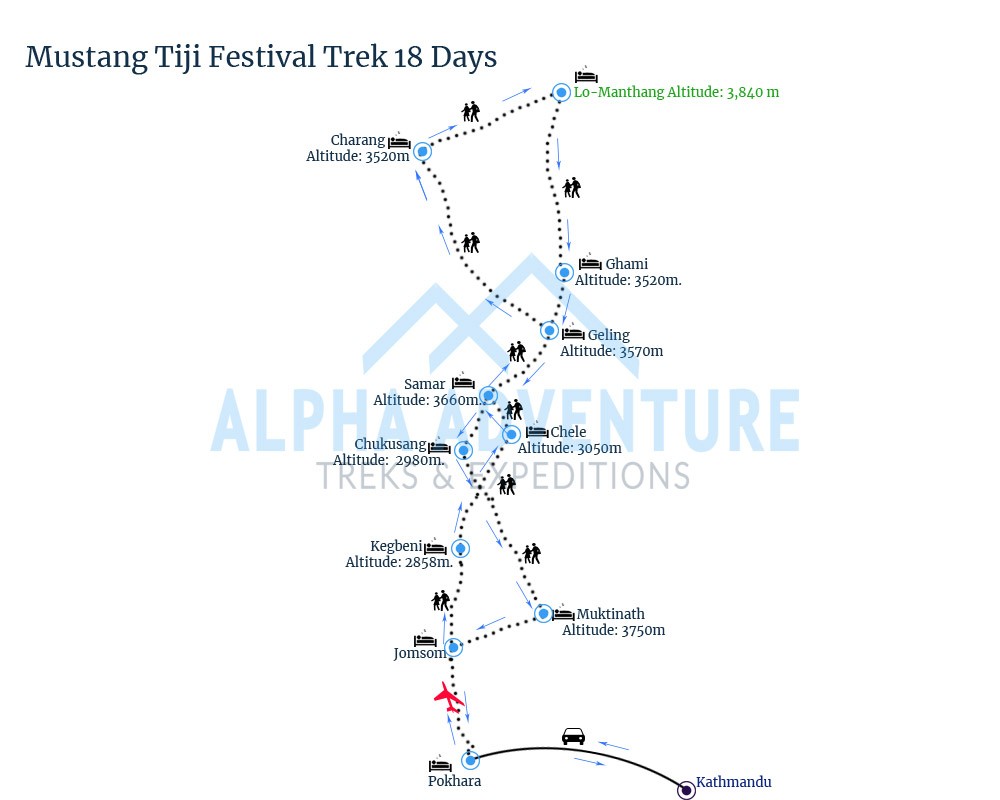 Route map of Mustang Tiji Festival Trek 18 Days